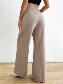 Pantalones de mujer casuales de cintura alta asimétricos con piernas anchas - Café integral - Ver 2