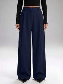 Pantalones de pierna ancha de cintura alta 100% algodón, uso versátil y casual adecuado para la universidad, ocio, fiestas, festivales de música, graduación, vuelta al colegio, vacaciones y oficina - Azul marino - Ver 3