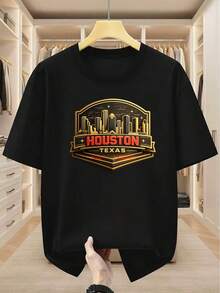Camiseta de Hombre Talla Grande 100% Houston Texas City Estampado Cuello Redondo Camiseta Cómoda Casual de Manga Corta para Verano - Negro - Ver 2