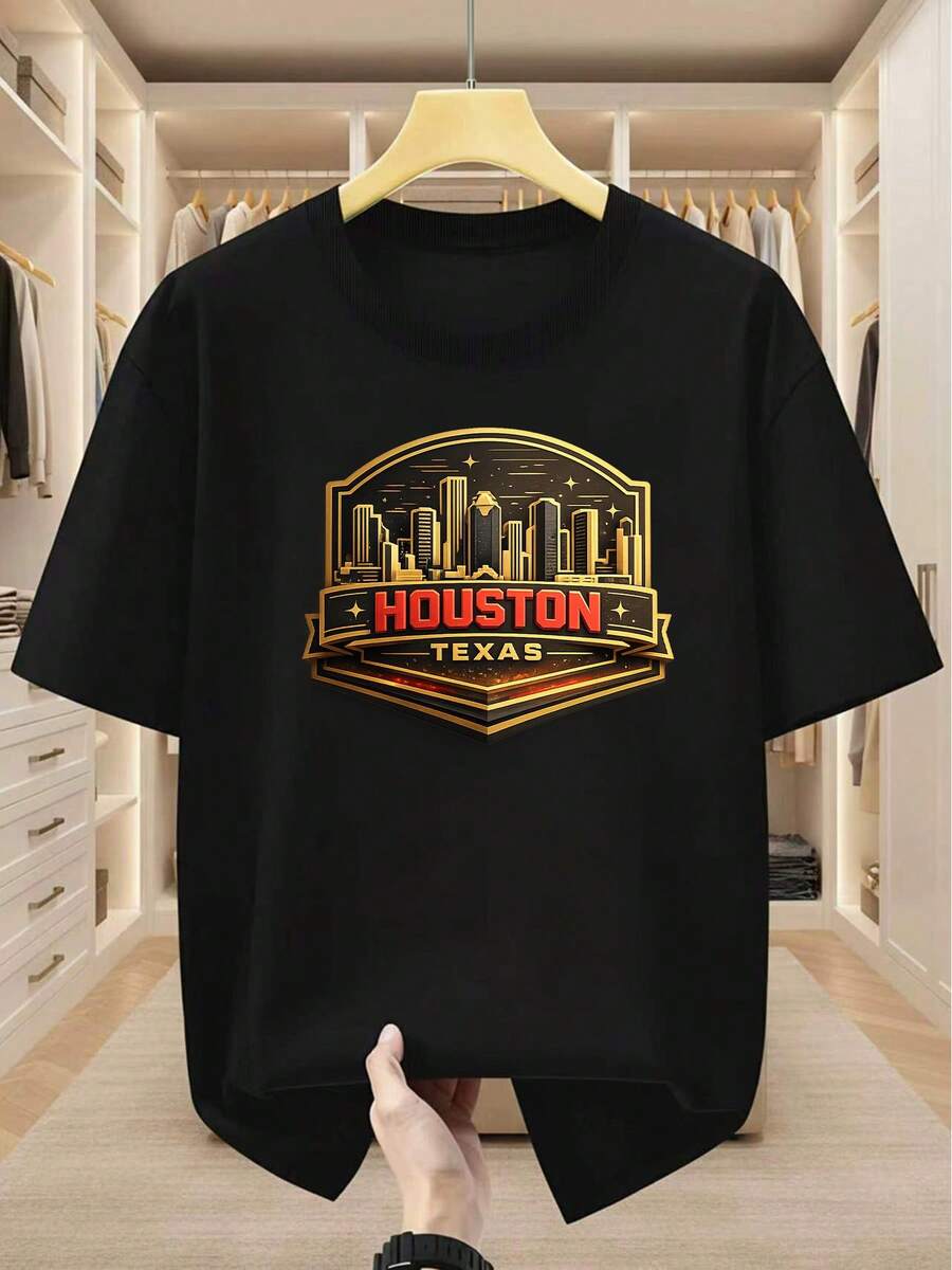 Camiseta de Hombre Talla Grande 100% Houston Texas City Estampado Cuello Redondo Camiseta Cómoda Casual de Manga Corta para Verano