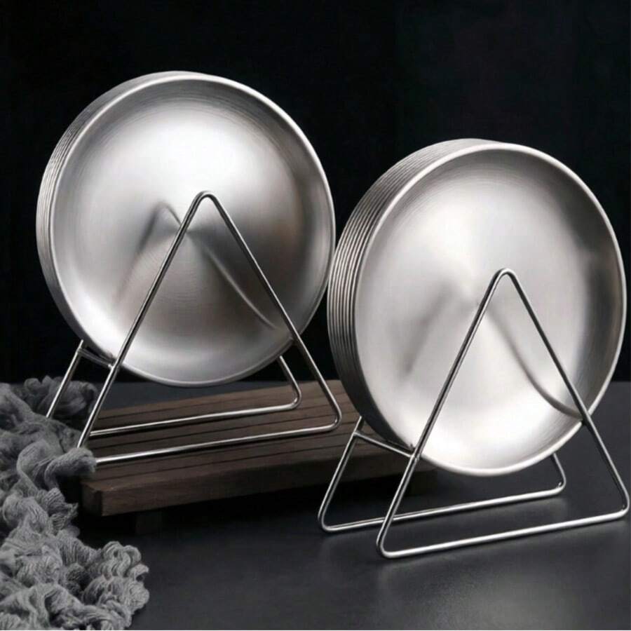 6pcs Stainless Steel Plate Set With Rack, Creative Fruit, Snack And Dessert Plate With Storage Rack, Graduation Gift