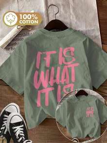 Impresión a doble cara, estilo veraniego, estilo caligráfico, camiseta de manga corta con cuello redondo y estampado rosa "IT IS WHAT", camiseta gráfica unisex de manga corta, camiseta casual de cuello redondo. - Negro - Ver 8