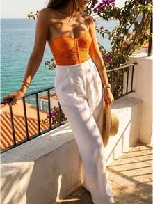 Women's Orange Floral Lace Bustier Corset Crop Top, Vintage Strapless Boned Hook & Eye Camisole, Summer Vacation Resort Going Out Party Festival Statement Top - 橘色 - 查看 2