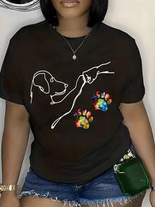Playera con estampado de huellas de perro para tallas grandes, playera casual de manga corta con cuello redondo para primavera y verano, ropa para mujer de tallas grandes - Negro - Ver 6