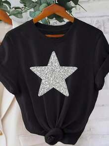 Camiseta Gráfica de Manga Corta, Estampado de Lentejuelas de Estrellas, Cuello Redondo, Top Casual para Mujer - Ropa de Mujer, Ajuste Cómodo, Diseño Clásico Vintage - Negro - Ver 1