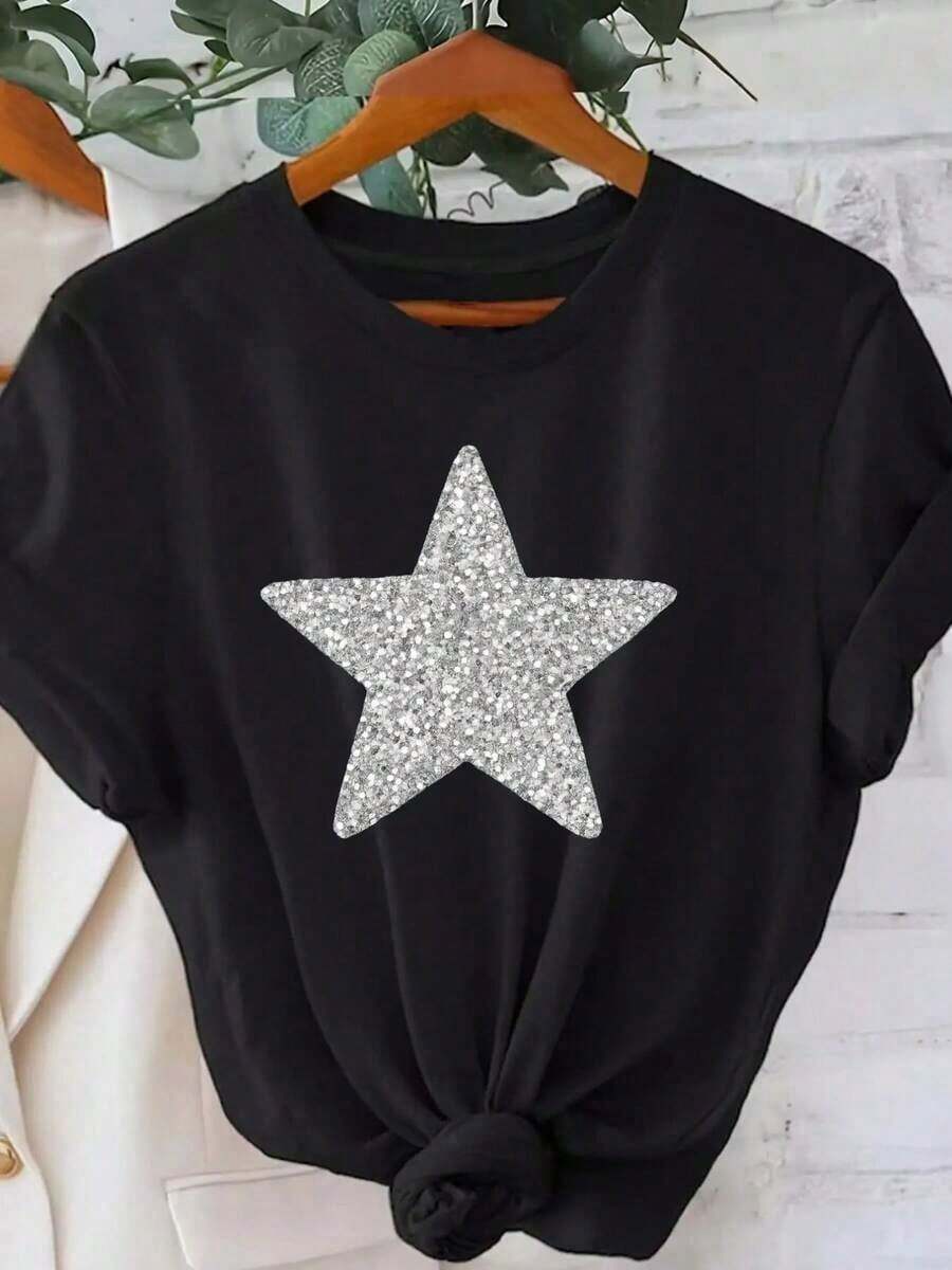 Camiseta Gráfica de Manga Corta, Estampado de Lentejuelas de Estrellas, Cuello Redondo, Top Casual para Mujer - Ropa de Mujer, Ajuste Cómodo, Diseño Clásico Vintage - Negro - Ver 1