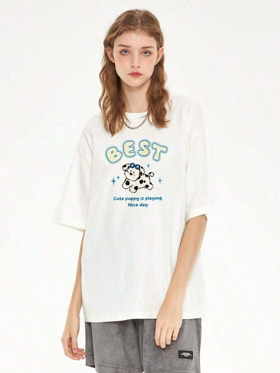 Camiseta con estampado de cachorro manchado, estilo suave y lindo, la MEJOR para mujer, de verano, holgada y adelgazante, de manga corta - Camisetas de verano con estampado gráfico simple, regalo casual para el Día de la Madre. Adecuada para primavera, verano y otoño. - Blanco - Ver 1