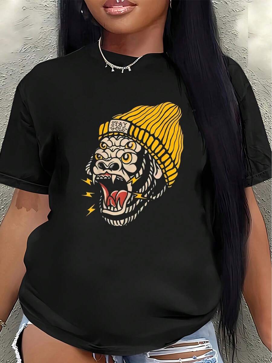 Camiseta ligera y duradera con diseño de cabeza de tigre, una opción ideal para uso casual en restaurantes o en casa, que ofrece una experiencia de uso cómoda para el día a día. - Negro - Ver 1