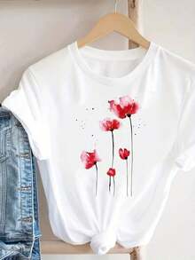Camiseta Casual de Algodón para Mujer con Cuello Redondo y Manga Corta, Estampado Floral en Acuarela, Perfecta para Primavera, Transpirable y Cómoda - Blanco - Ver 7