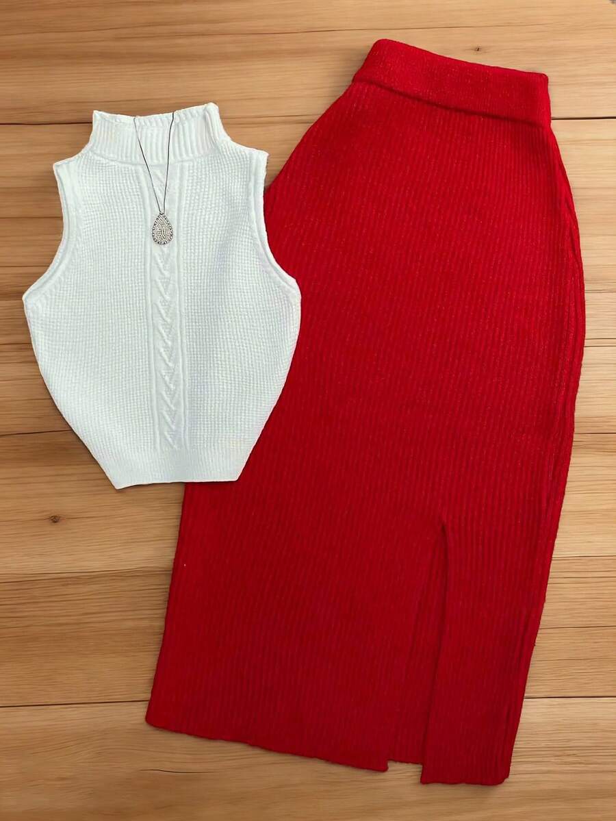 第三款内敛风格的女士春夏针织套装,设计复杂前卫,包含一件白色系带上衣和一条红色开衩铅笔裙。撞色设计和修身剪裁凸显优雅身姿。 - 紅白色 - 查看 1