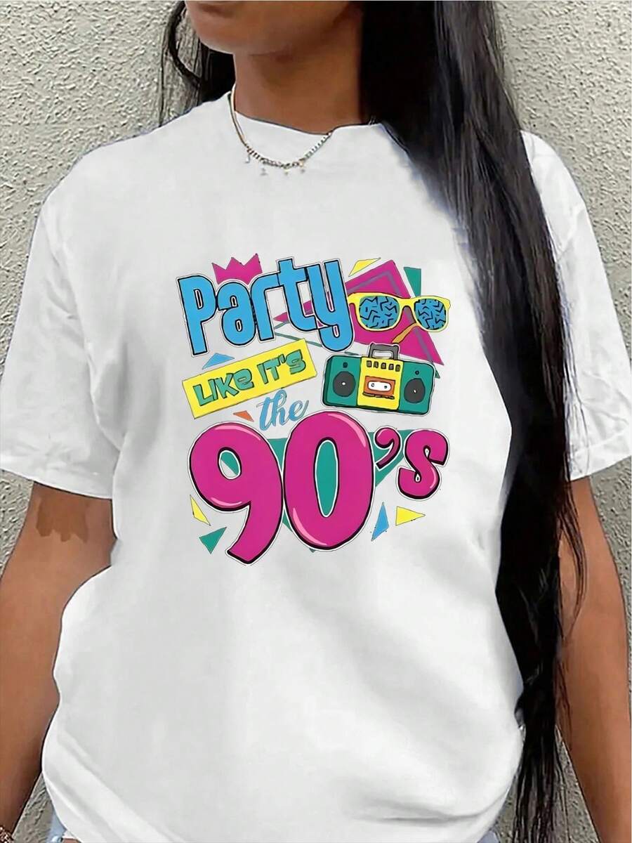 Camiseta vintage de manga corta, ligera y duradera, adecuada para salidas informales, fiestas y cenas, es una opción ideal para fiestas temáticas de los 90 y para la moda diaria.blusa casual mujer - Blanco - Ver 1