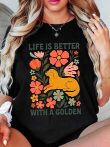 Camiseta de cuello redondo con estampado floral de "La vida es mejor con un perro dorado", ropa casual para mujer.blusa casual mujer - Negro - Ver 7