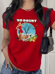 Camiseta con Estampado Gráfico de Paisaje Frutal Retro, 180g, 1 Pieza, Estilo Vintage, Casual para Mujer, 100% Algodón, Estilo Streetwear - Rojo - Ver 1