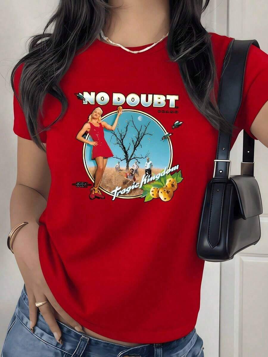 Camiseta con Estampado Gráfico de Paisaje Frutal Retro, 180g, 1 Pieza, Estilo Vintage, Casual para Mujer, 100% Algodón, Estilo Streetwear - Rojo - Ver 1