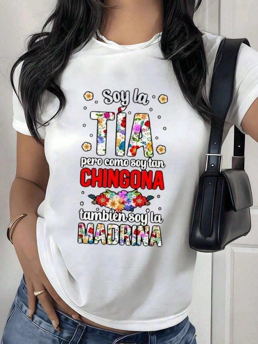 Camiseta con Estampado Gráfico Divertido de la Frase 'Tía Madrina', 180g, 1 Pieza, Camiseta Casual de Mujer con Frase Humorística, 100% Algodón, Manga Corta de Verano, Top de Moda - Blanco - Ver 1