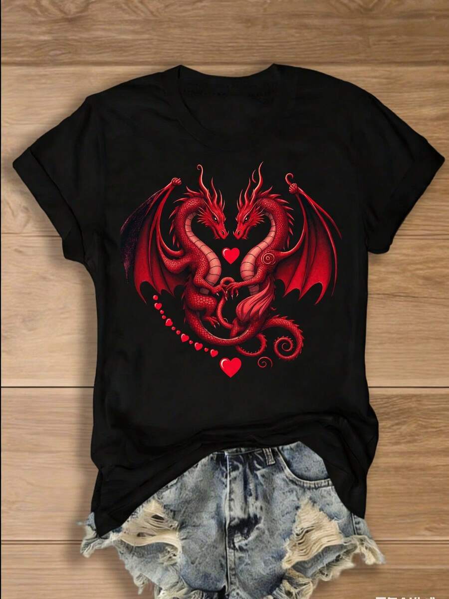 Una camiseta de manga corta para mujer, moderna, a la moda, retro, casual y holgada, adecuada para actividades al aire libre en primavera y verano.Camiseta de cuello redondo, top para mujer, nuevo estilo retro urbano, cómoda y transpirable, regalo para el Día de San Valentín, casual y versátil, negra con diseño de dragón rojo.blusas para mujer,blusas casuales para dama,tops,, mujer premium,y2k,playeras de mujer curvy,ofertas y liquidaciones ropa mujer,playeras deportivas para mujer,,playeras de hombre, mujer,blusas>elegante T3HP - Negro - Ver 1
