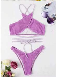 Nuevo bikini sexy de dos piezas con tiras cruzadas y tela ondulada multicolor, traje de baño moderno para mujer. - marrón - Ver 10