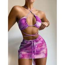 Nuevo bikini sexy de dos piezas multicolor con estampado de mármol, traje de baño de tres piezas. - rayas rojas - Ver 9