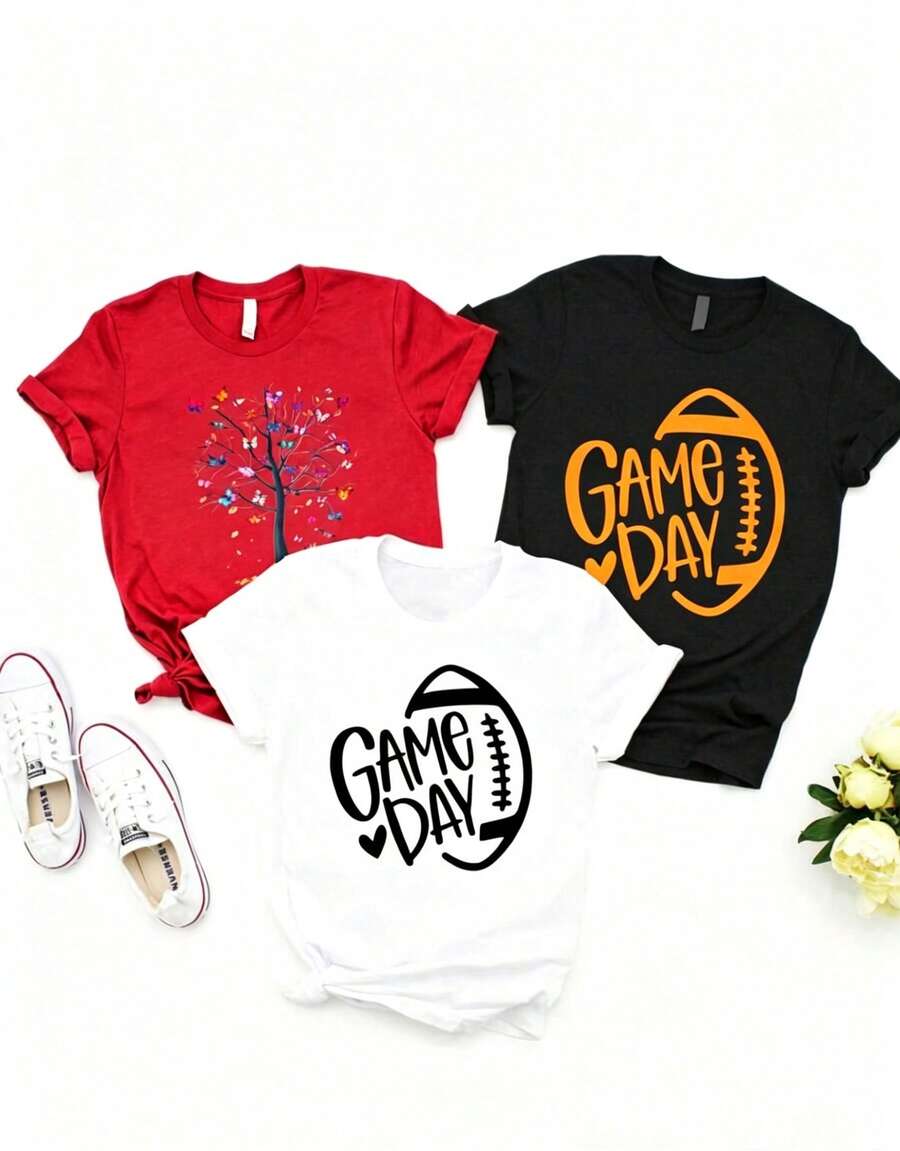 Artículo de moda: 3 Camiseta casual de manga corta para mujer con estampado de árbol de fútbol para el día del partido, camiseta de manga corta con cuello redondo para mujer, top deportivo casual transpirable de algodón puro, regalo para las fiestas, camiseta de primavera con diseño de mariposa para Pascua. - Blanco - Ver 1