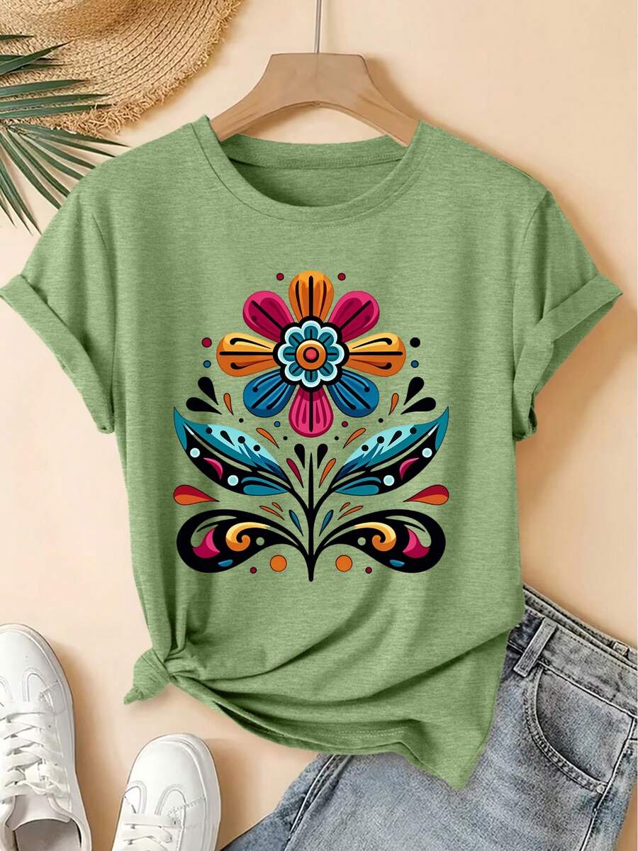 Primavera/Verano 2026, Nueva Camiseta de Manga Corta para Mujer con Cuello Redondo, Estilo Nórdico, Estampado Floral Colorido, Top Casual Retro Desgastado, Ropa de Mujer de Alta Calidad y Tela Suave |   Diseño Divertido y Gracioso |   Adecuado para la primavera - Verde - Ver 1