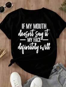 Camiseta Casual de Manga Corta para Mujer con Frase Divertida: Si Mi Boca No Lo Dice, Mi Cara Definitivamente Lo Hará. Camiseta con Estampado Gráfico para Uso Diario y Salidas. - Negro - Ver 2