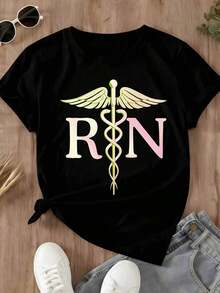 Camiseta de Mujer con Estampado de Caduceo y RN para Uso Casual en Primavera Verano - Negro - Ver 2