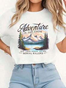 Comfortable100% cotton LA AVENTURA ESTÁ AHÍ FUERA, PERO TAMBIÉN LOS ASSASINOS EN SÉRIE. Camiseta de camping con estampado, camiseta casual de cuello redondo, manga corta, cómoda, para primavera y verano, ropa de mujer. Camiseta de manga corta para mujer, estilo básico que combina con todo, para uso interior y exterior. - Blanco - Ver 8