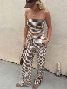 HoloChill Damen Lässig Farbblock Streifen Set, Sommer 2026 Neuankömmling, Bandeau Tanktop mit lockerem Kordelzug, vielseitige lange Hose mit Taschen, 2-teiliges Set, Damen Sommer Outfit, Partywear, Strandurlaub Wear, Lässig Ausgehen Wear, Elegantes Damen Set, Damen Strandurlaub Outfit, Damen Lässig Wear, Weltmeisterschaft, Abschlussball, Luxus, Unabhängigkeitstag, Fußball, Herbstkleidung - Kaffeebraun - Übersicht 9