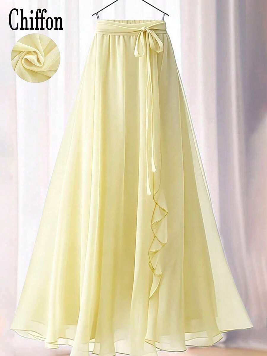Rok Maxi A-Line Wanita Warna Polos Elegan dengan Hiasan Renda Bunga/Ruffle dan Tali Pinggang untuk Musim Panas - Kuning muda - View 1