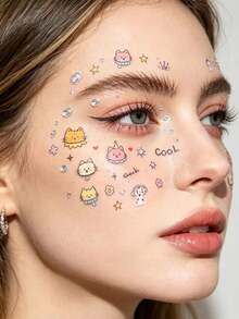 1 pieza Lindo adhesivo facial de gato de dibujos animados con diamante de imitación, gatos y perros pintados a mano con brillo plateado, decoración facial, adhesivo de maquillaje impermeable y de larga duración, adecuado para festivales de música, sesiones de fotos de cumpleaños de niñas, fiestas, crea un look de maquillaje adorable y femenino, fácil de aplicar como acento de maquillaje brillante de ojos, proporciona un efecto de filtro suave y lindo, fácil para principiantes - Multicolor - Ver 2