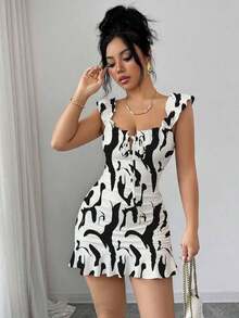 de línea A con volantes en el bajo con estampado floral vintage, elegante y sexy estilo francés con volantes en el bajo, vestido ajustado que cintura la silueta, adecuado para citas, vacacio - Blanco y Negro 3 - Ver 8