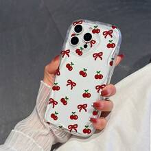 1个极简主义TPU材质红色蝴蝶结樱桃元素图案透明奶油质感防震防滑保护手机壳，兼容、荣耀等手机。 - 無色 - 查看 2