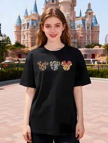 Camiseta Casual de Algodón para Mujer, Cuello Redondo, Manga Corta, Estampado Animal con Gráfico de Cabeza - Negro - Ver 1