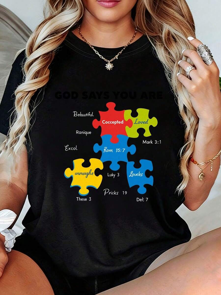 Diseño Simple y Versátil Dios dice que eres aceptado, amado, digno de perdón. Camiseta con Cruz Magnética y Versículo Bíblico Romanos 15:7 - Camiseta casual suave con cuello redondo para muj - Negro - Ver 1
