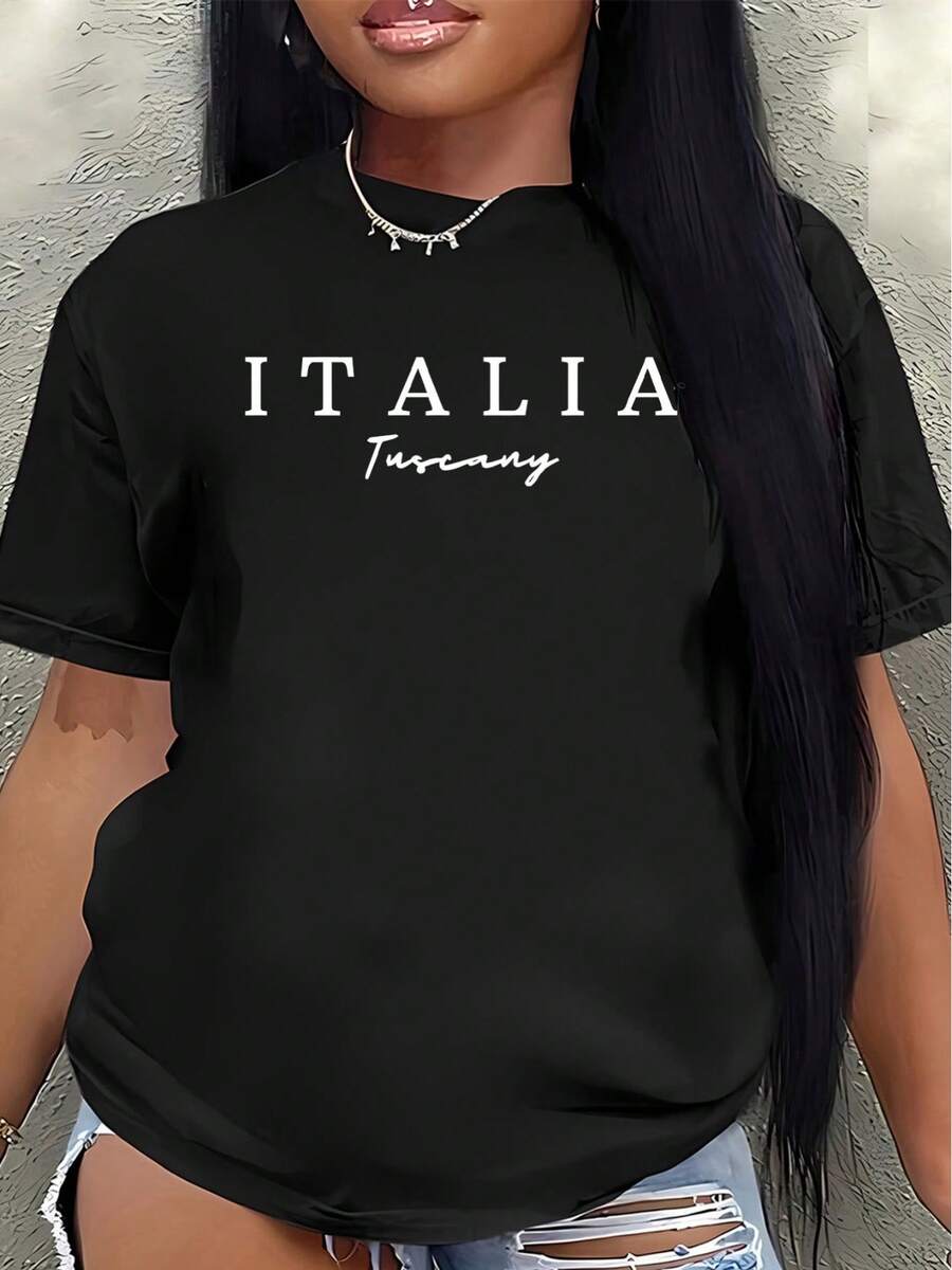 Camiseta de manga corta de poliéster para mujer, con estampado toscano italiano, ligera y duradera, adecuada para uso diario casual, viajes o atuendo de restaurante, ajuste cómodo, diseño con texto blusa casual mujer. - Negro - Ver 1