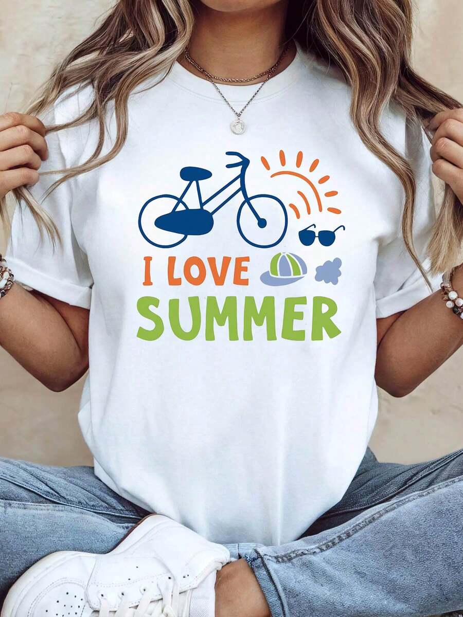 Camiseta de mujer moderna y minimalista con estampado de sol y bicicleta "I LOVE SUMMER". Ideal para salidas de verano en bicicleta. Estilo vibrante y fresco de manga corta. Camiseta casual de estilo urbano para el día a día. - Blanco - Ver 1