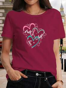 Plus Size Women's T-Shirt - Heart Print T-Shirt With Faith, Love, And Hope Lettering, Short Sleeve, Crew Neck, Casual Style, Elegant And Romantic Top, Fashionable For Work, Vacation, And Everyday Wear, Opaque Material, Machine Washable. CQ7P - 紅色 - 查看 7