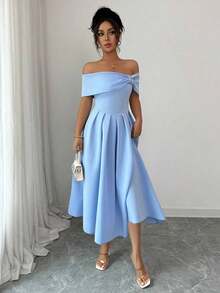 Vestido midi con hombros descubiertos, manga corta, decorado con cristales y campana para mujer - Azul - Ver 4