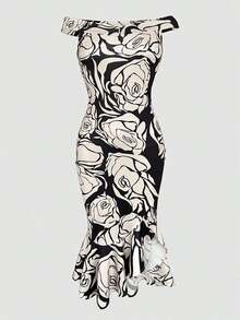 ChicMe Women's Floral Print Dress, Off Shoulders, Ruffled Hem And Slit, Elegant Fitted Mid-Length Dress, Suitable For Parties, Cocktails And Summer Wear - 黑色 - 查看 5