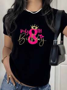 Camiseta con estampado gráfico de corona de cumpleaños, 220g, 1 pieza, para celebración del 8º cumpleaños, estilo casual para mujer, 100% algodón, estilo brillante, estilo vintage urbano, unisex, holgada, de manga corta, cuello redondo, 100% algodón. - Negro - Ver 7