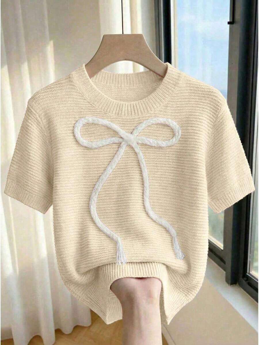 2026Franclia Nuevo suéter de punto casual con lazo dulce y lindo en color rosa para mujer, blusa de lazo rosa bebé de manga corta para primavera/verano, blusas de punto con lazo lindas para mujer - Albaricoque - Ver 1