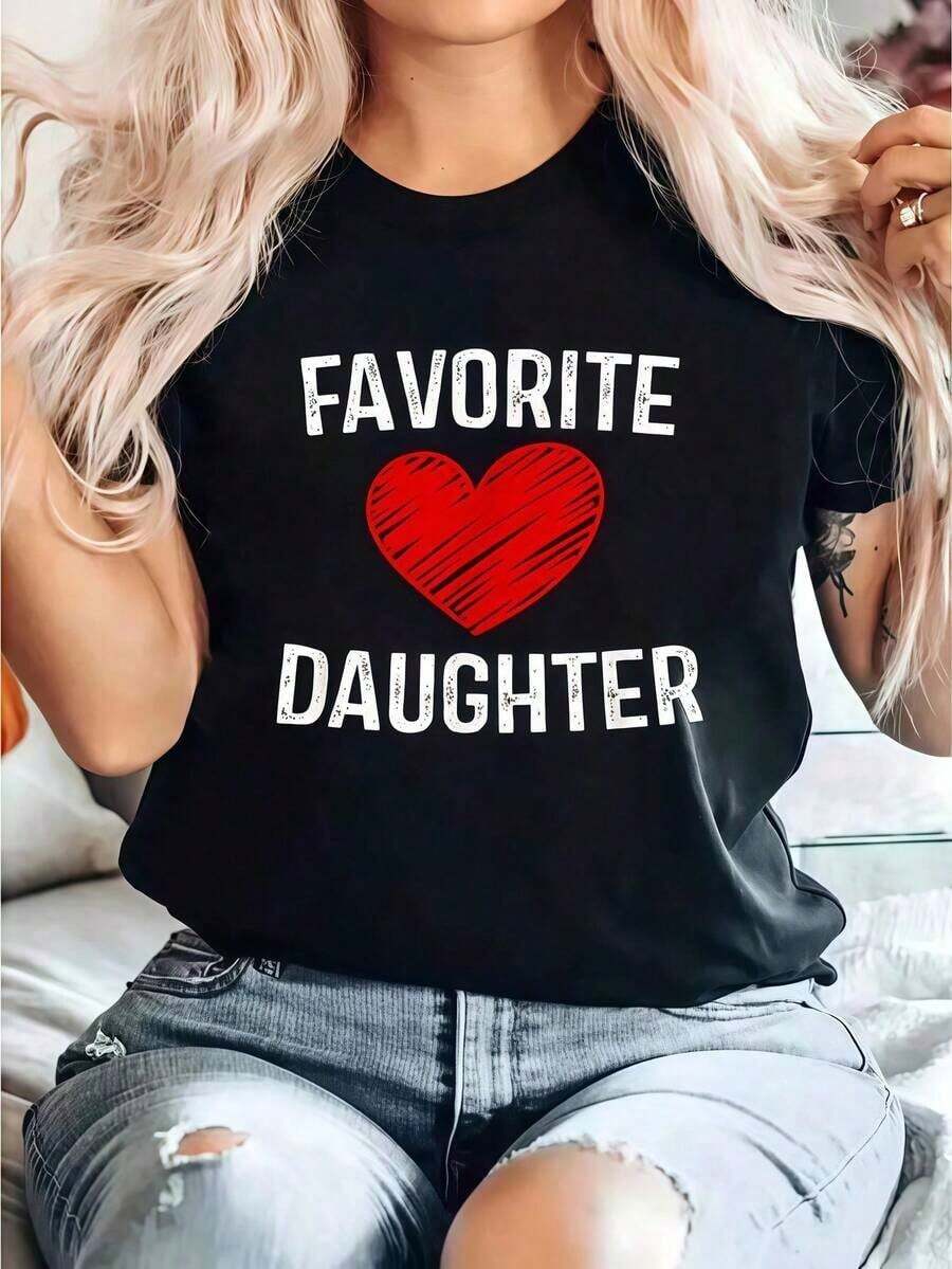 Round Neck Camiseta Con Estampado Hija Favorita , De Cuello Redondo, Manga Corta, Informal Y Cómoda Para Primavera Y Verano, Ropa De Mujer Summer Essentials,Summer Outfits For Women,Graphic Tees Blusas Para Mujer Casual - Negro - Ver 1