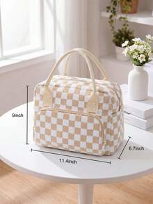 Insulated Lunch Bag For Women Men Waterproof Thermal Insulated Lunch Box Bento Pouch Dinner Insulation Bag Student Thickened – Cute Floral, Bow & Strawberry Print, Corduroy Lunch Tote With Handle & Zipper, Large Capacity Cooler Bag For Work, School, Picnic, Camping, Perfect Christmas Gift For Family, Friends, Teachers & Moms - 卡其色格子 - 查看 2