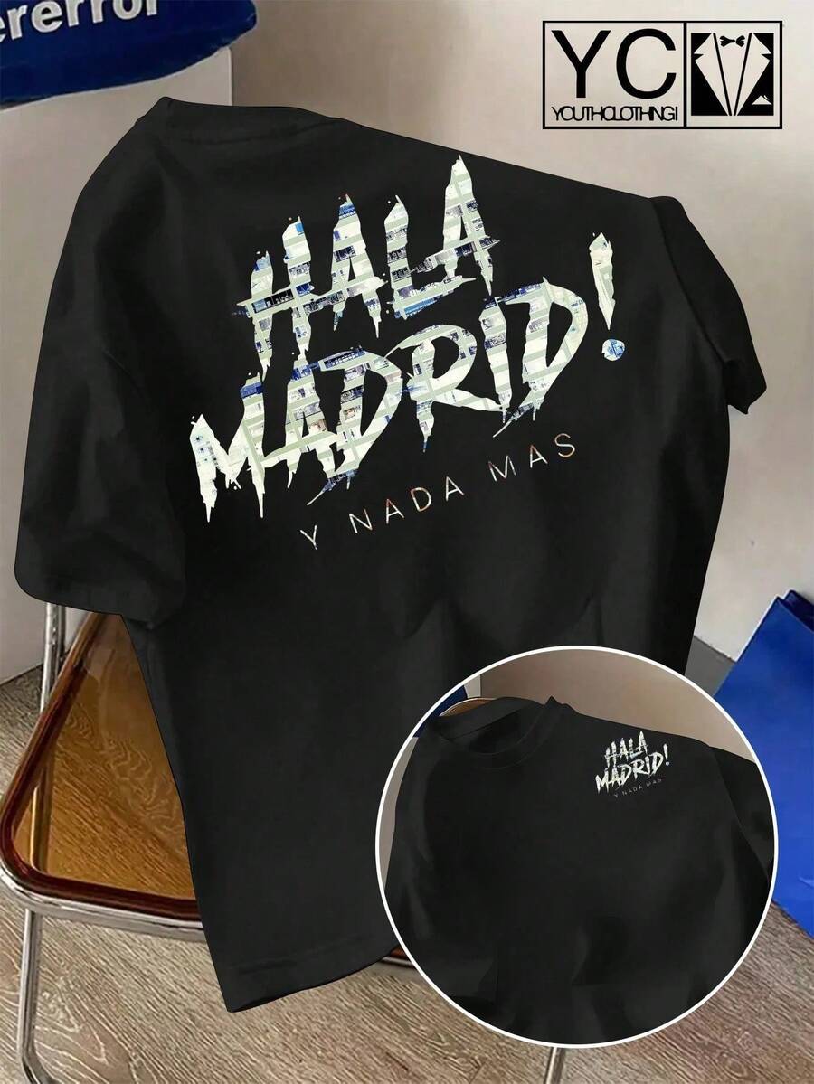 Camiseta Casual para Hombre, Cuello Redondo, Estampado con Temática de la Ciudad de Hala Madrid, Tejido de Poliéster, Ligeramente Elástica, Manga Corta, Corte Regular, Camiseta para Uso Diario y Casual en Todas las Estaciones. - Negro - Ver 1