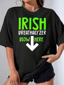 Camisetas de Mujer, Manga Corta Casual para Fiesta, Camiseta OneIrish Breathalyzer Blow Here con Diseño de Texto y Flecha Blanco y Verde para Fiesta del Día de San Patricio, 220g - Negro - Ver 1