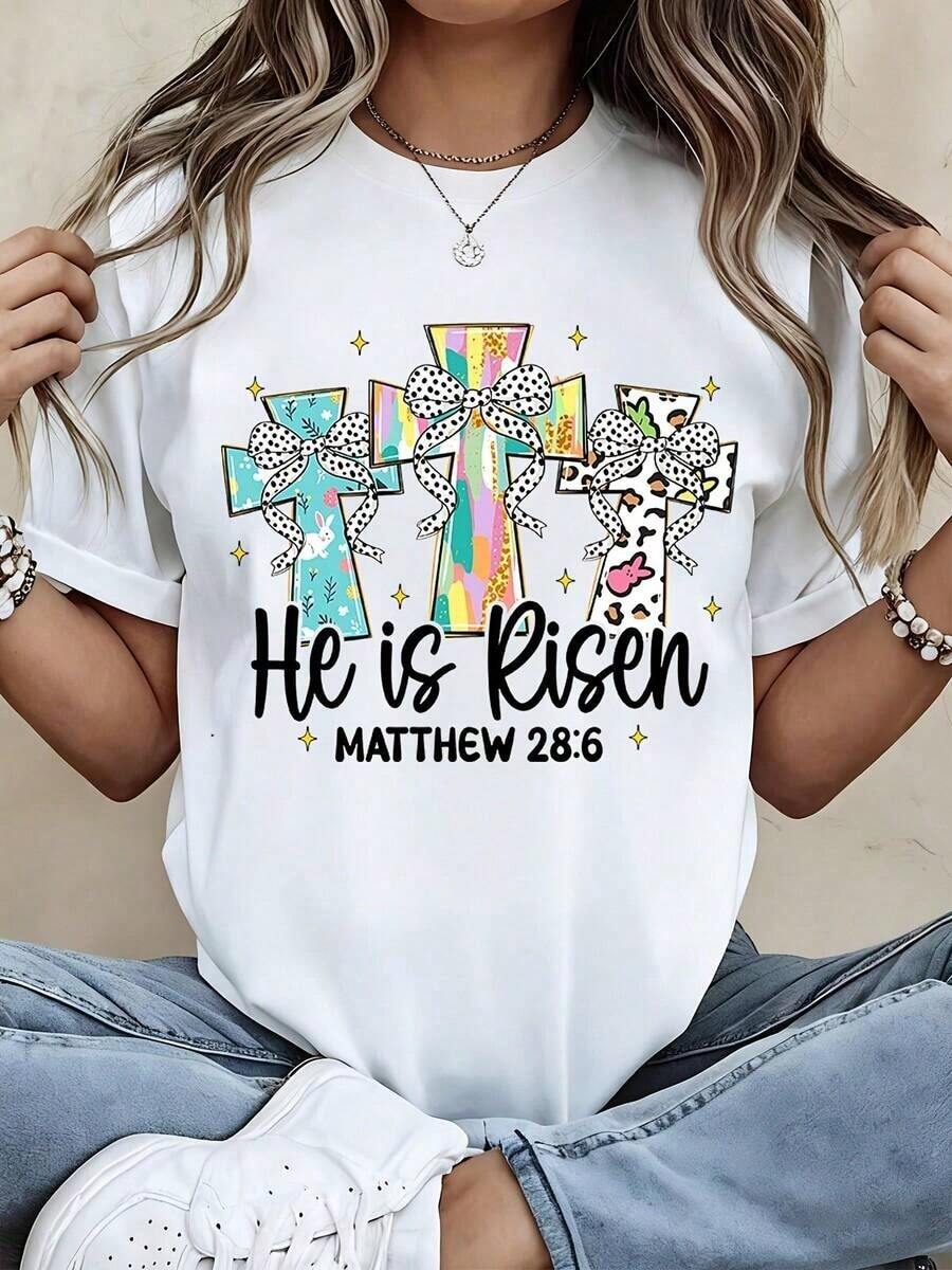Camiseta con Estampado de Cruz Negra, Cruz de Pascua con Lazos y Estrellas para Primavera y Eventos Religiosos - Blanco - Ver 1