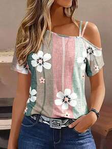 Camiseta de mujer de estilo europeo y americano, elegante y casual, con estampado floral de rayas de colores, de manga corta.Diseño sexy de tirantes con estampado todo sobre, adecuada para todas las estaciones. - Blanco - Ver 5
