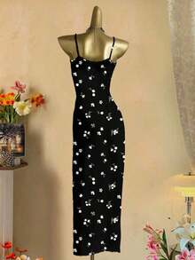 Vestido de tirantes ajustado con estampado floral minimalista y casual, adecuado para verano, vacaciones y playa - Multicolor - Ver 6