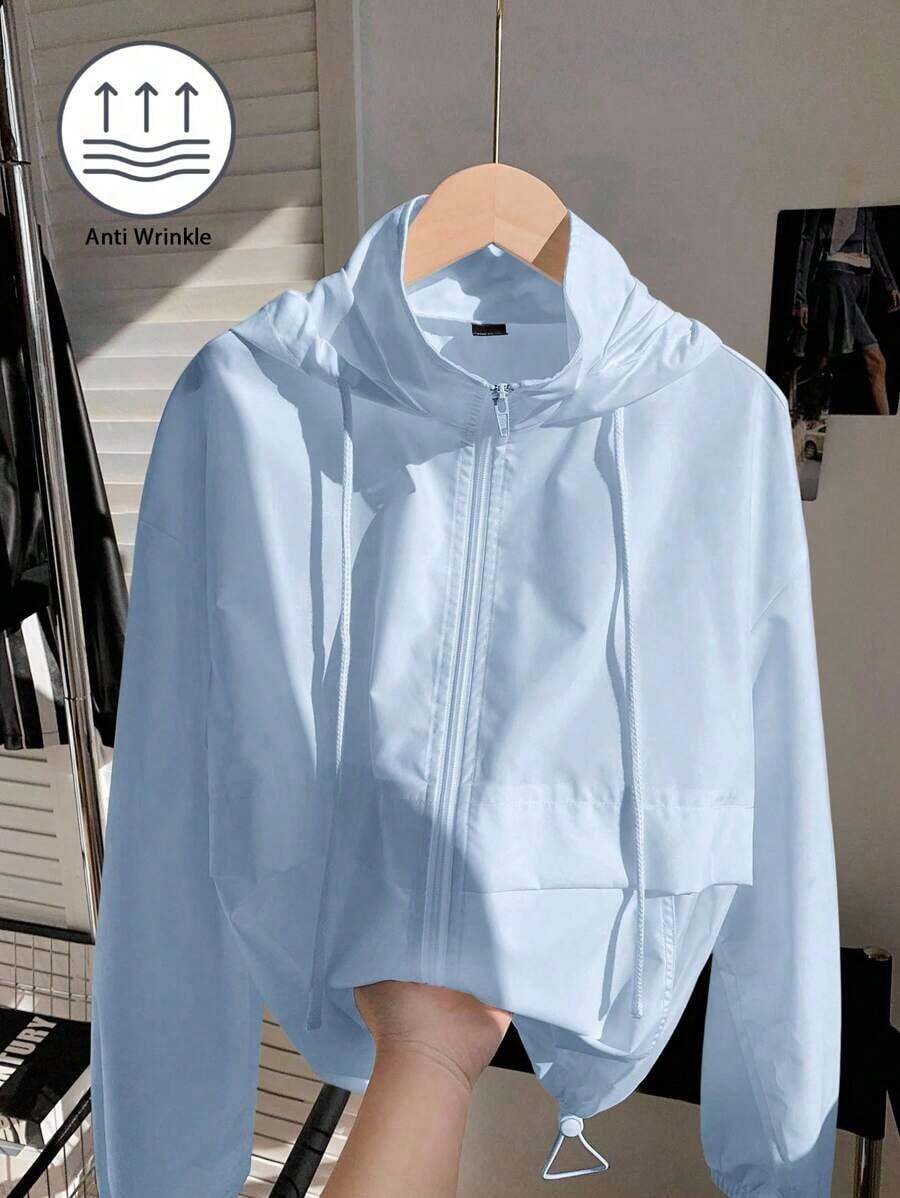 1 pieza Chaqueta casual con capucha, cremallera frontal, manga larga y protección solar, de unicolor, para otoño/invierno - Azul - Ver 1
