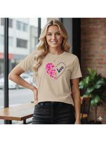 Camiseta Coração Feminina 100% Algodão T Shirt Minimalista Blusa Graphic Tee Coracao - Bege - Visão 2